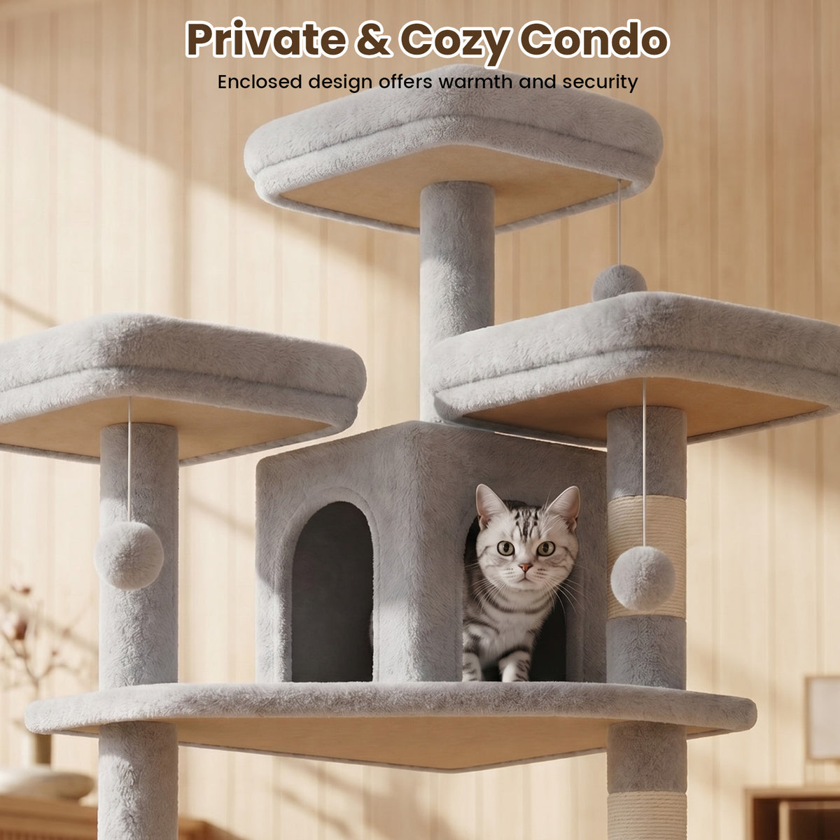 80" Cat Tree, Big Cat Tower for Multiple Adult Cats, Multi-Level Tall Cat Tree with 3 Platforms, 2 Condos, 2 Hanging Basket, Hammock and Scratching Frame for Indoor Kitties, Light Gray