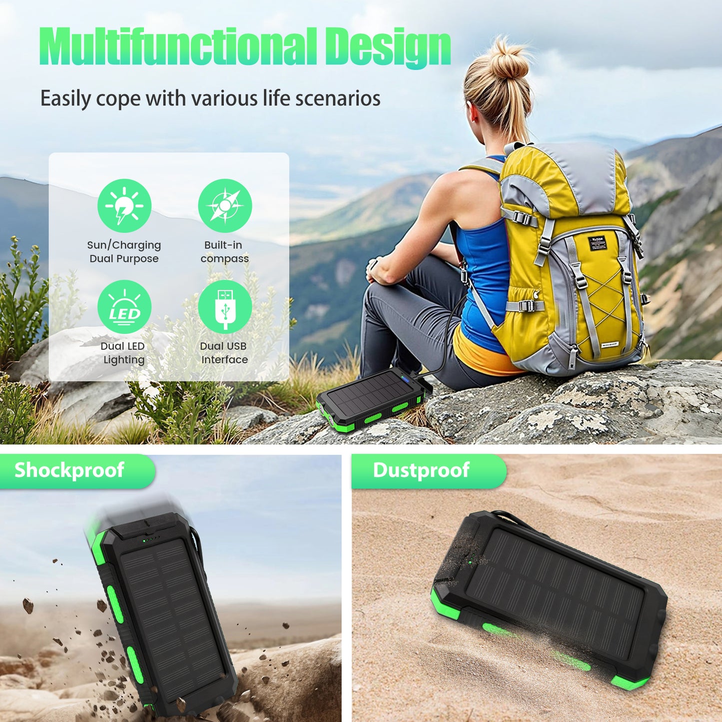 CATGOOD 10000mAh Portable Solar Charger for iphone and Android Power Bank with Dual 5V USB Ports for Outdoor Camping Hiking(Green)