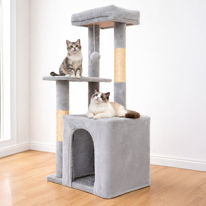 Cat Tree, Multi-Level Cat Tree Tower, Indoor Activity Center with Sisal Scratching Posts, Condos, Plush Perches, Hanging Cat Toys, Gray