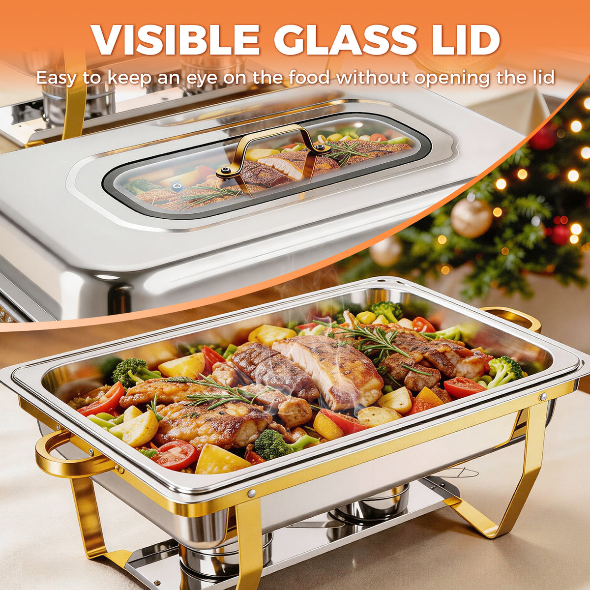 Chafing Dishes for Buffet, 9QT Roll Edge Designed Chafing Dish Buffet Set, Food Warmer W/Half Glass Lid for Parties, Birthday, Holiday Parties, Church Events (Semi-Gold)