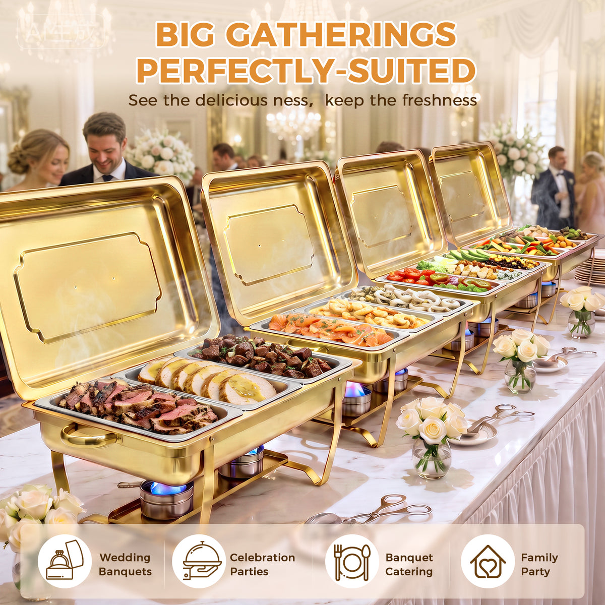 Gold Chafing Dish Buffet Set 1 Pack, 9QT Rectangular Chafing Dishes for Buffet, 3-Compartment Party Food Warmer with Lid & Foldable Frame for Catering Events, Banquets