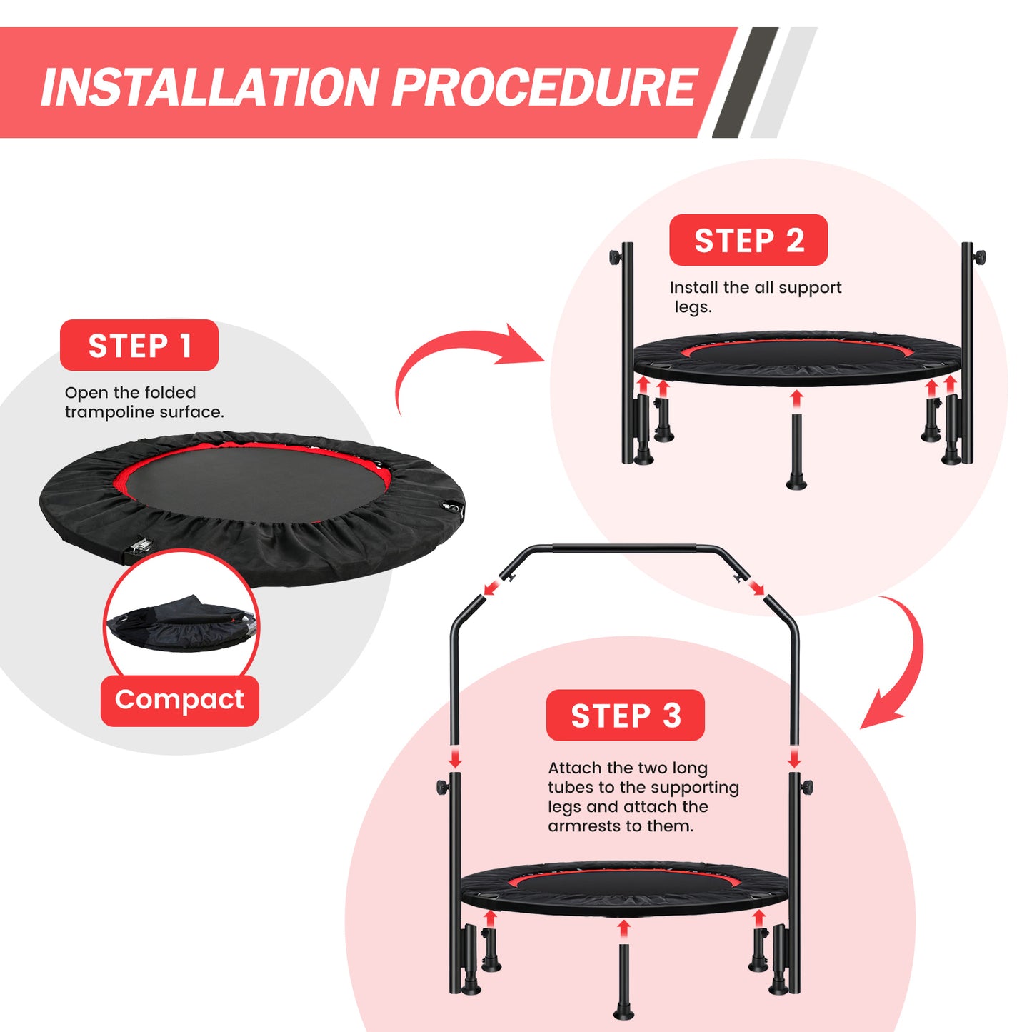 48" Exercise Mini Trampoline, Fitness Rebounder Trampoline for Adults with Adjustable Foam Bar, 330lb, Indoor Trampoline for Adults/Kids