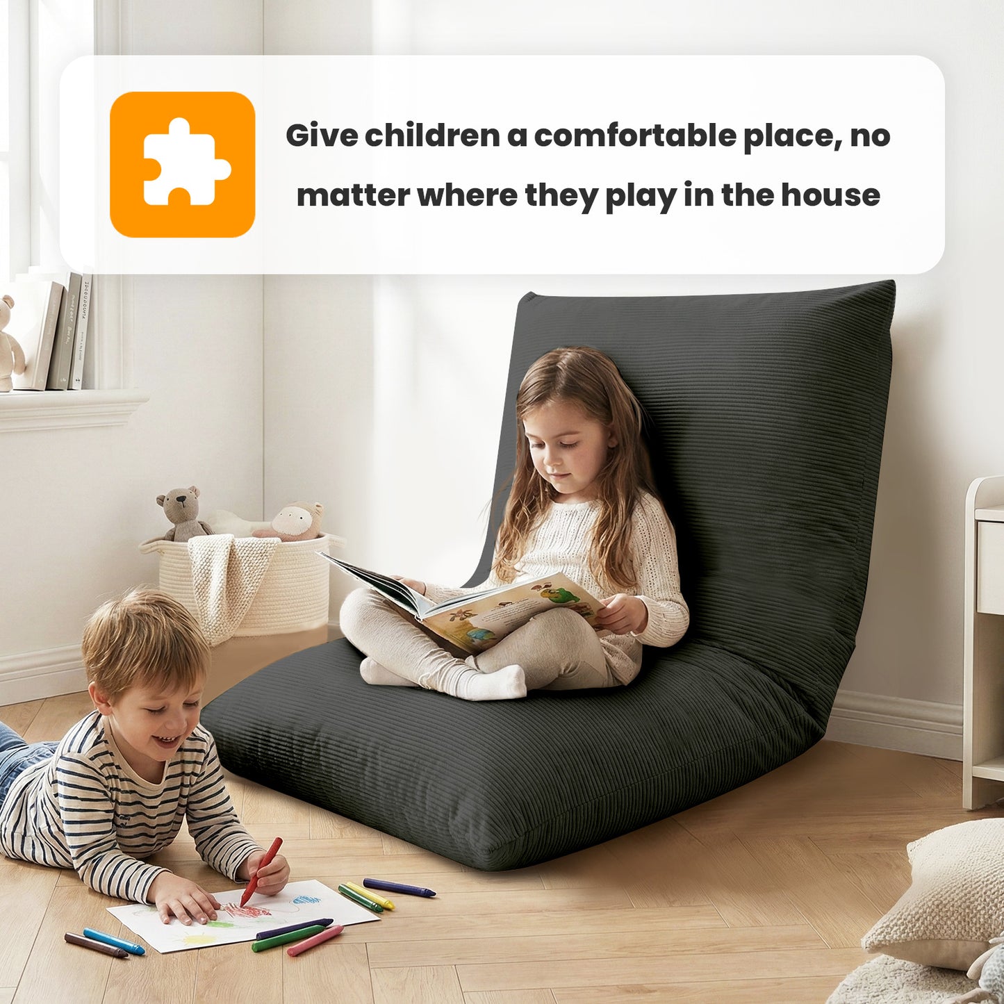 CATGOOD 3-in-1 Bean Bag Chair for Kids Adults, Convertible kids chair with Skin Friendly Fabric for Living Room, Bedroom, Gray