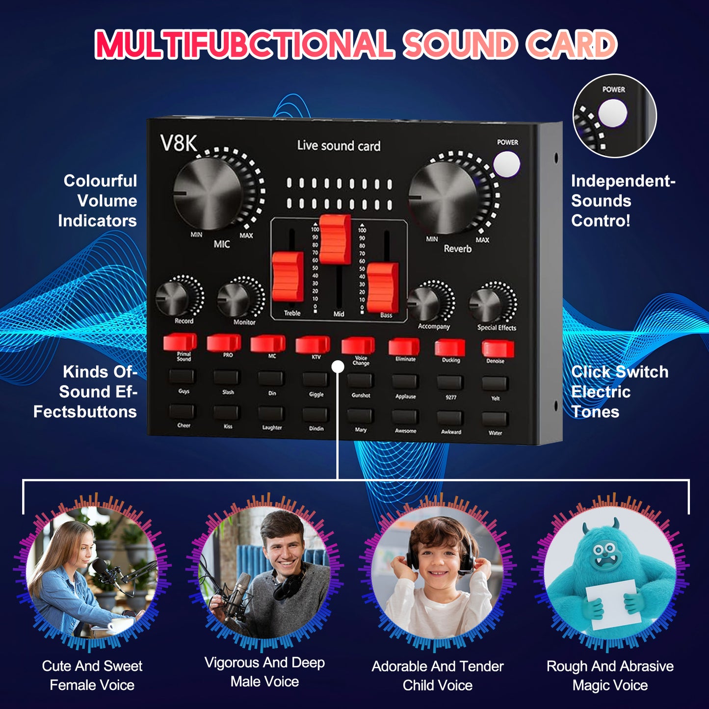 Podcast Equipment Bundle for 2, V8K Live Sound Card with BM800 Condenser Microphone, Perfect for Live Streaming, Singing