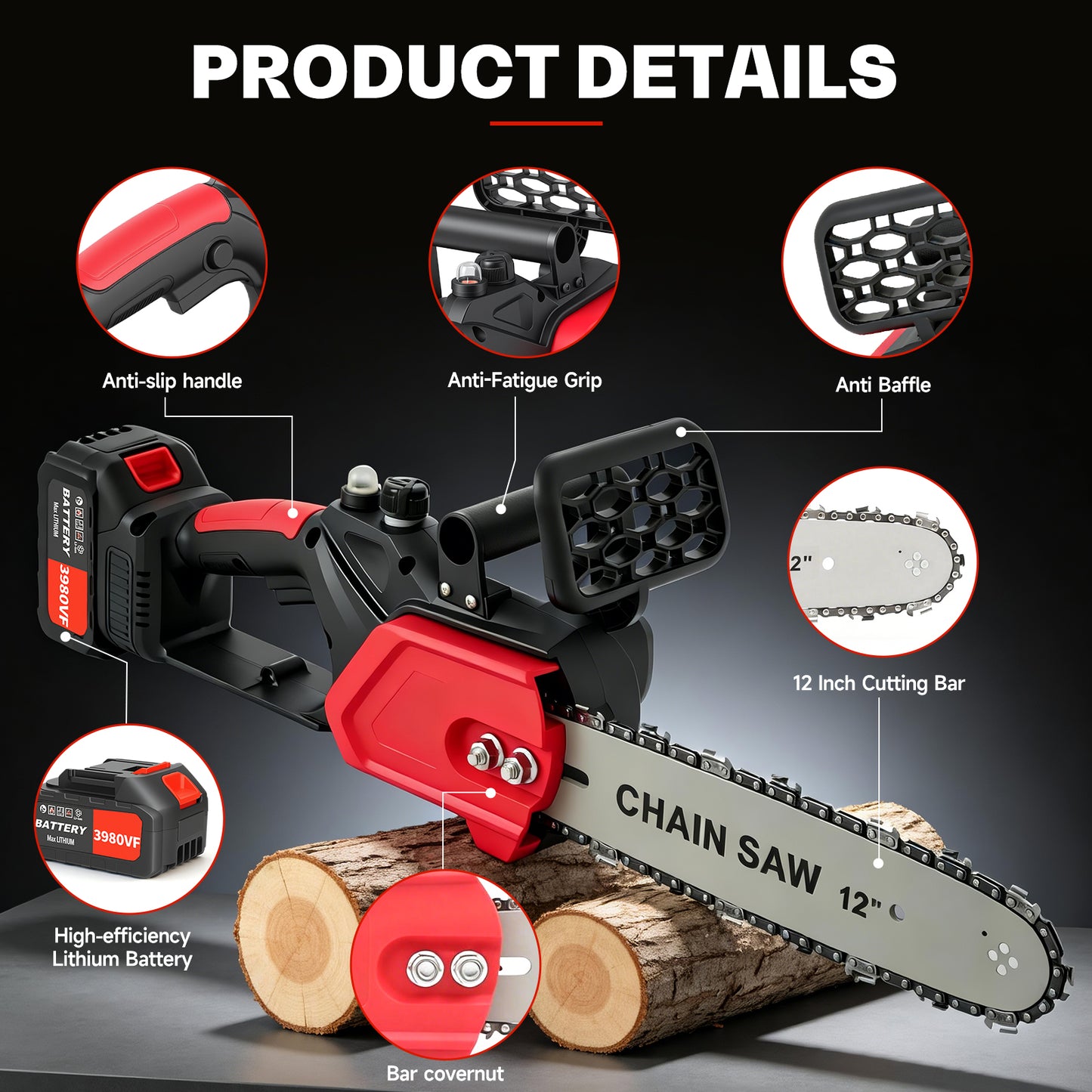BAOKALER 12" 1800W Cordless Chainsaw, Handheld Electric ChainSaws with 2 x 2.0Ah Batteries & Fast Charger, 3 Chains & 2 Guide Bars, for Wood Cutting, Tree Pruning and Trimming, Red