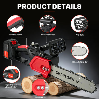 BAOKALER 12" 1800W Cordless Chainsaw, Handheld Electric ChainSaws with 2 x 2.0Ah Batteries & Fast Charger, 3 Chains & 2 Guide Bars, for Wood Cutting, Tree Pruning and Trimming, Red