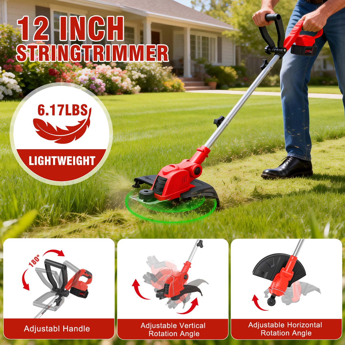 CATGOOD 4AH String Trimmer and Lawn Edger 2 in 1, 12" Cordless Weed Eater with Auto Line Feed, Weed Trimmer with 2 Batteries, Red