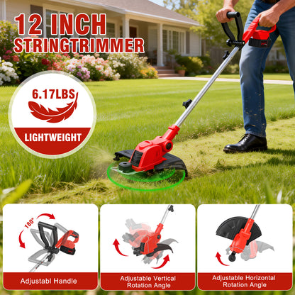 CATGOOD 4AH String Trimmer and Lawn Edger 2 in 1, 12" Cordless Weed Eater with Auto Line Feed, Weed Trimmer with 2 Batteries, Red