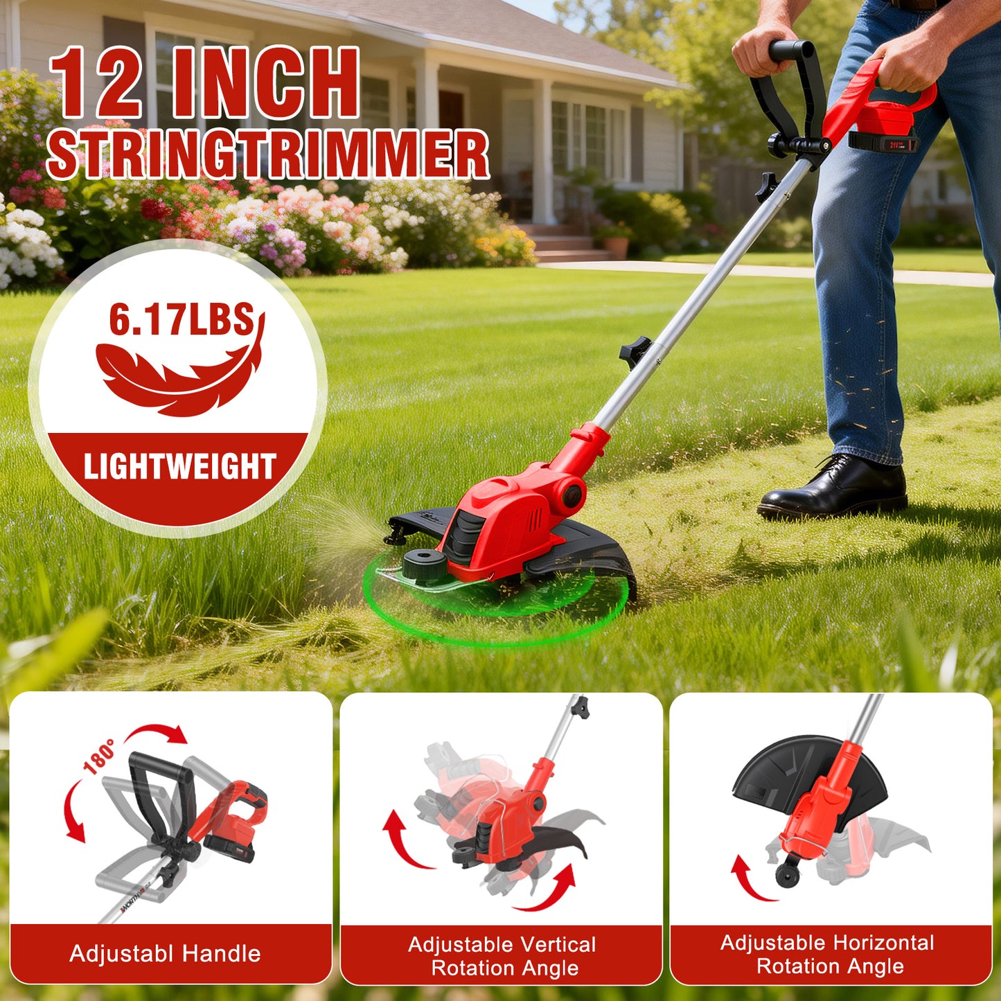 CATGOOD 3AH String Trimmer and Lawn Edger 2 in 1, 12" Cordless Weed Eater with Auto Line Feed, Weed Trimmer with 2 Batteries, Red