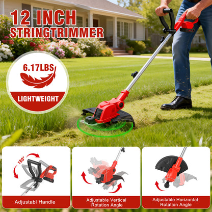 CATGOOD 3AH String Trimmer and Lawn Edger 2 in 1, 12" Cordless Weed Eater with Auto Line Feed, Weed Trimmer with 2 Batteries, Red