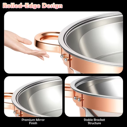 Chafing Dishes Buffet Set, 6 Pack 5.3QT Round Stainless Steel Chafer Set with Stands, Lids & Fuel Holders, Food Warmers for Parties, Catering Events, Weddings (Bright Pink Rose Gold Accents)