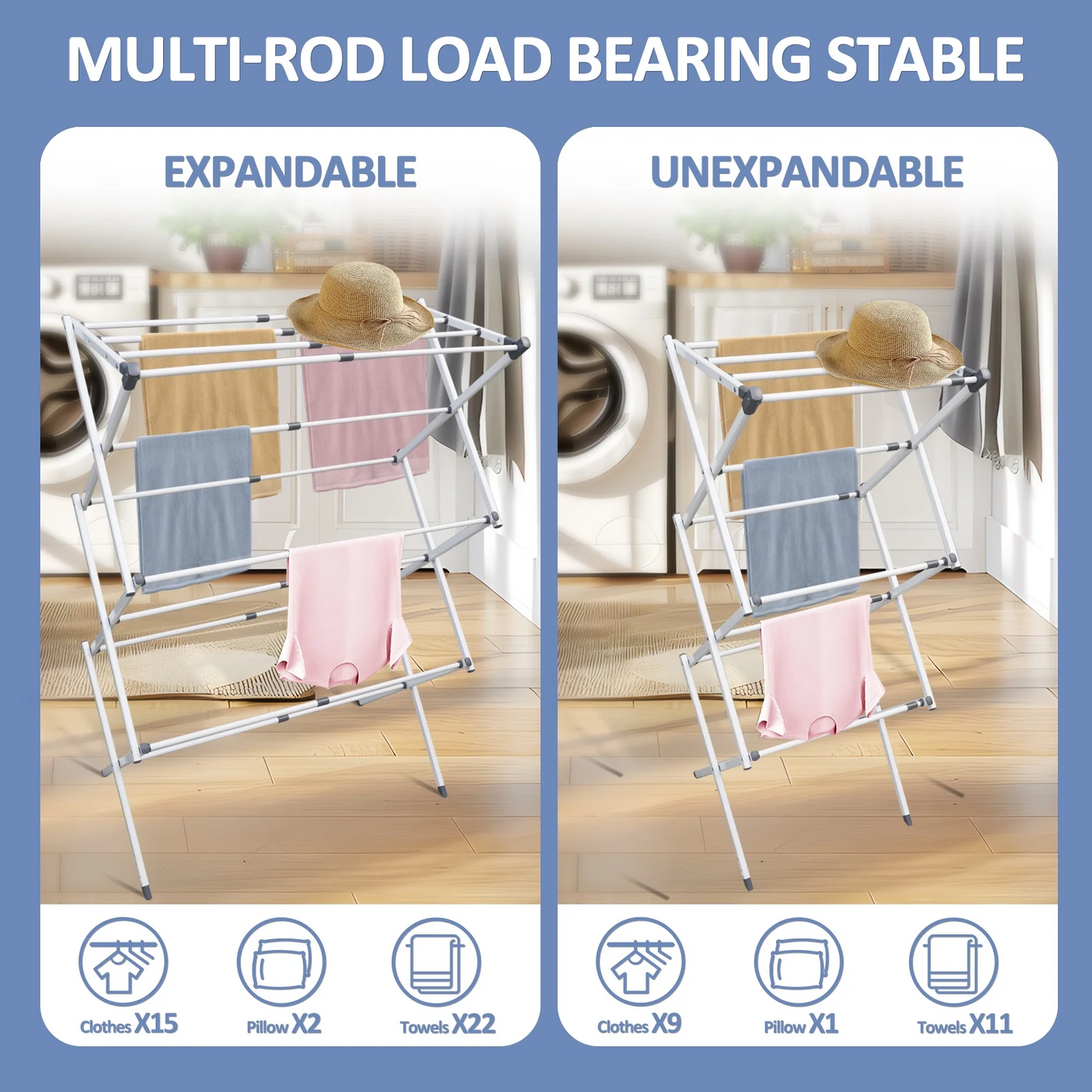 Clothes Drying Rack, 3-Tier Laundry Drying Rack for Clothes, Expandable Metal Clothing Dryer, Collapsible Towel Rack, Air Drying Rack