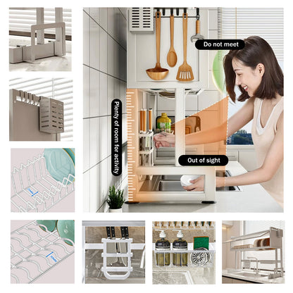 Kitchen Sink Countertop Dustproof Storage Rack, Multifunctional Organizer for Drying Dishes, Glasses, Bowls, and Utensils, White, Length-25.6"