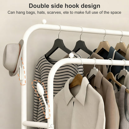 Clothes Rack With Wheels, Portable Clothing Rack With Shelves & Hooks, Heavy Duty Garment Racks for Hanging Clothes, Double Rods Multi-Functional Closet Rack for Bedroom, White