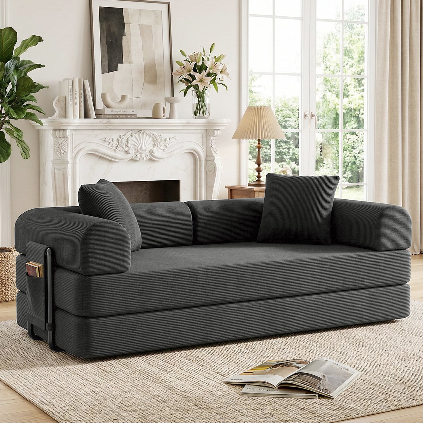 CATGOOD Sectional Couch for Living Room, Convertible Sofa Bed with Soft Corduroy, 78 Inch Modular Futon Couch Free Assembly, Gray