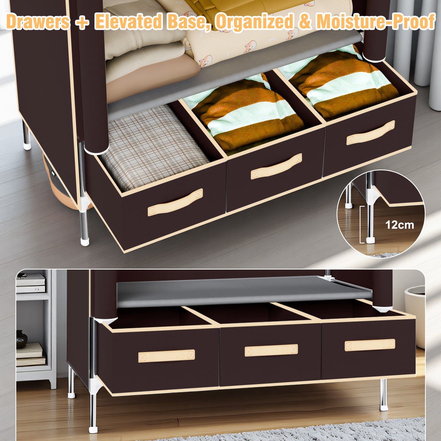 Wardrobe Closet with 3 Storage Drawers for Rentals, Dorms, Bedrooms, 67 Inches Tall hanging Closet Organizers and Storage with Hanging Space for Coats and Bags, Dark Coffee