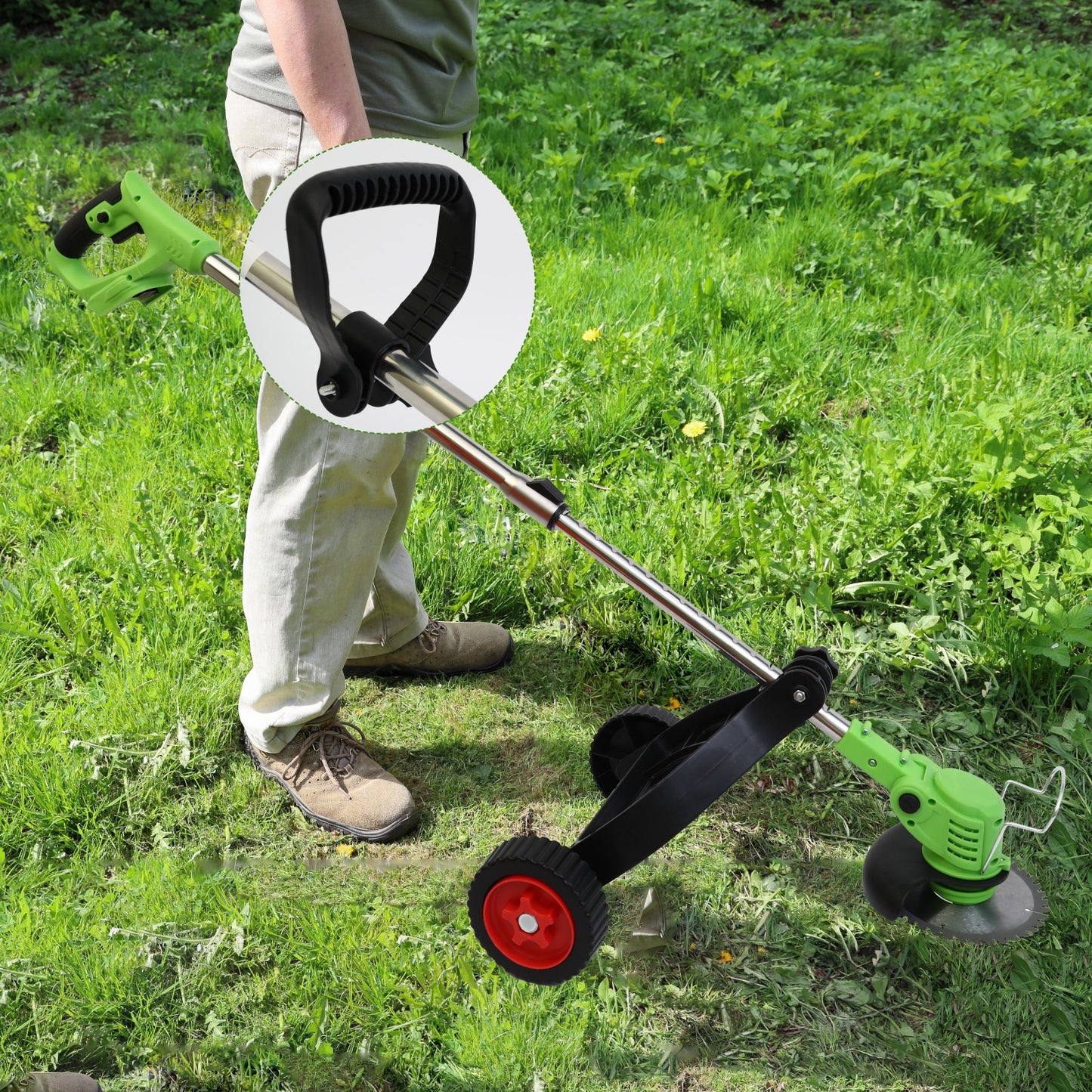 BAOKALER Electric Weed Eaters Cordless, Battery Powered Weed Wacker with Charger, Grass Trimmer with Supporting Wheels, Grass Cutting Machine with 2 Batteries for Yard and Garden, Green