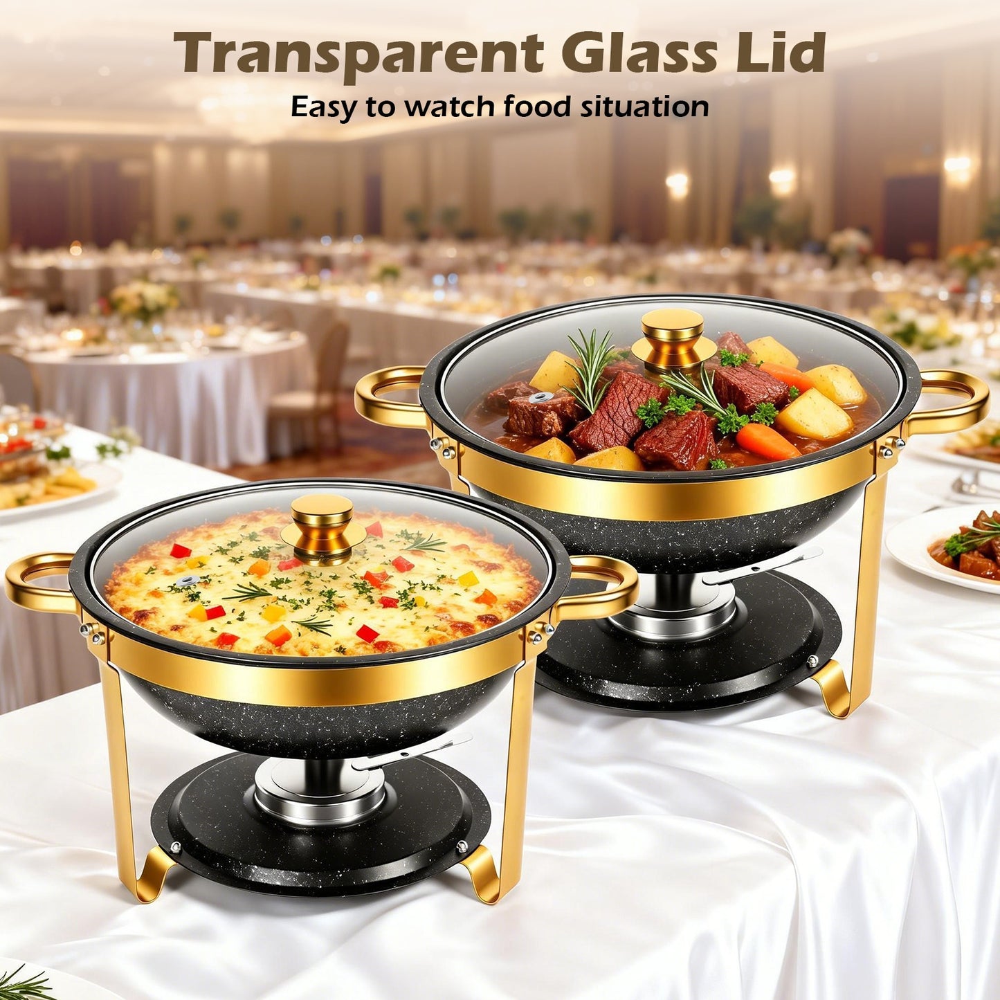 Black Chafing Dishes for Buffet with Glass Lid (5.3QT, 2Pack), Maifanite-Coated Round Chafing Dish Set Mirror-Polished Stainless Steel, Stackable, Lid Holder for Party, Wedding