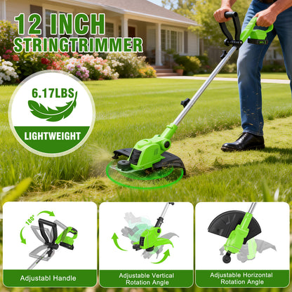 CATGOOD String Trimmer Cordless, 2AH Lawn Tool with 12" Cutting Width, Weed Wacker with Auto Spool Feed, 2 Batteries and Fast Charger, Green