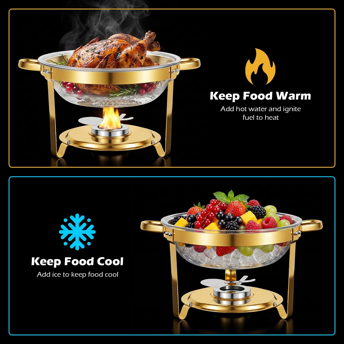 Round Half-Gold Plated Stainless Steel Chafing Dish with Stainless Steel Lid, Buffet Warmer Set, 4-Pack, for Home Gatherings, Christmas Parties, Catering Events