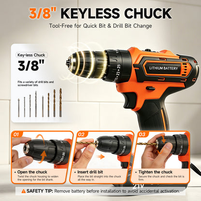 Power Tool Set with 20V Cordless Drill Driver, 113Pcs Household Tool Set, Power Drill Set with Plastic Toolbox, Ideal for Office, Garden, DIY Project