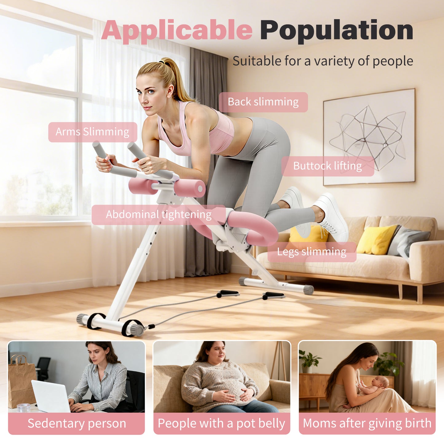 ALSO GO Ab Machine, Adjustable Ab Trainer Machine, Abdominal Workout Equipment with LED Display, 300 lb Foldable Abdominal Core Equipment with Resistance Bands, Pink