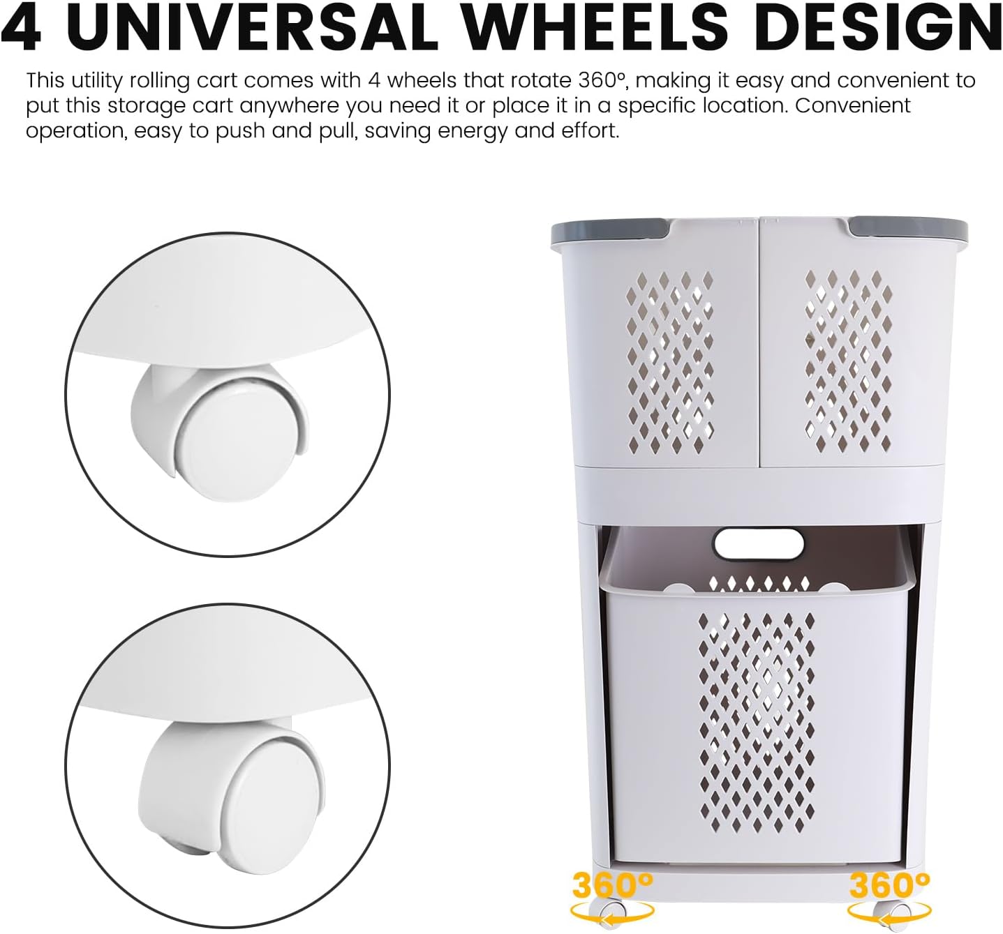 2 Tier Rolling Laundry Hamper Sorter, Removable Laundry Basket Cart with Wheels and Handle, White Portable Storage Baskets with 3 Deep Baskets for Kitchens, Bathrooms, Bedrooms and Laundry Rooms