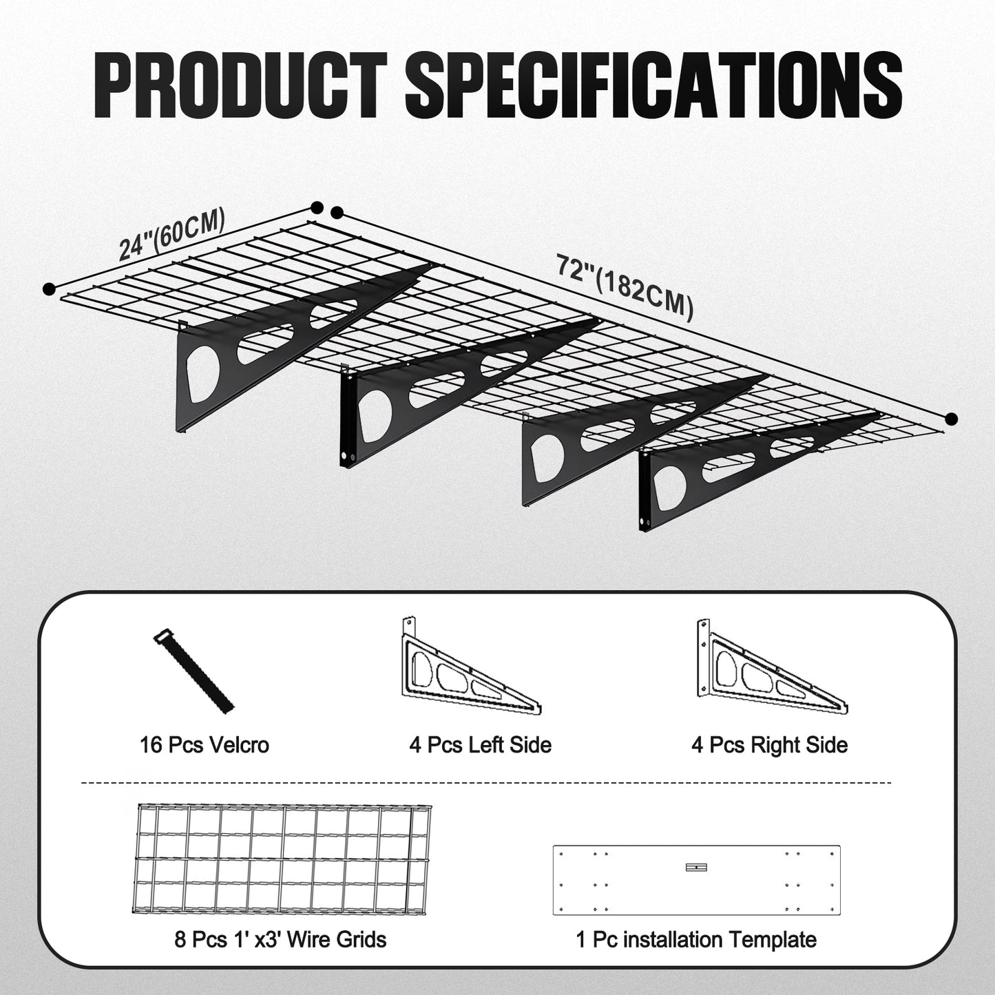 2x6ft Garage Shelving Wall Mounted, 72" x 24" Metal Garage Storage Rack, Industrial Floating Shelves with Wire Grids, 800 Lbs Weight Capacity, Black