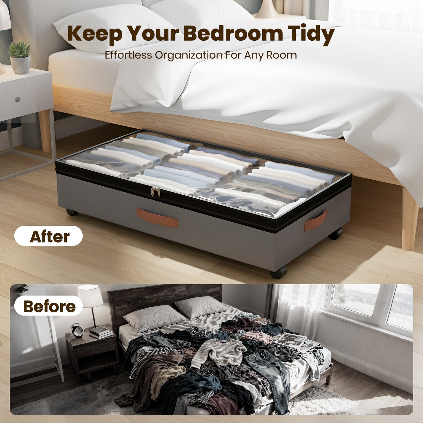 Under Bed Storage with Wheels, 2 Packs Large Underbed Organizer with Lid, 10'' Adjustable Height Shoes Containers Clothes Rolling Bin for Bedroom Dorm, Gray