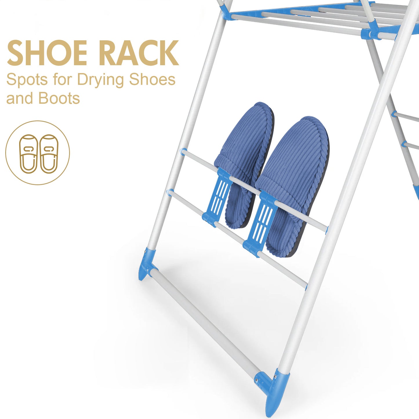 Clothes Drying Rack, 2 Level Foldable Laundry Rack, Rustproof Laundry Clothing Drying Hanger with Height-Adjustable Wings, Space Saving Clothes Garment Dryer, Blue