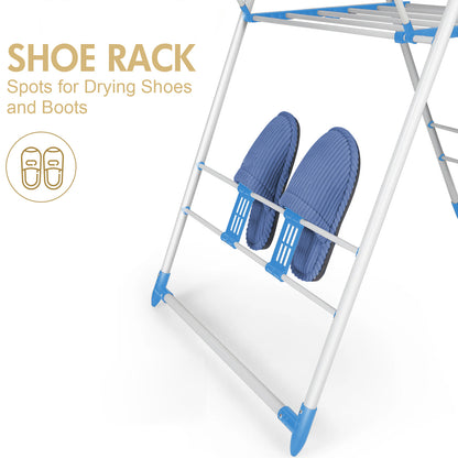 Clothes Drying Rack, 2 Level Foldable Laundry Rack, Rustproof Laundry Clothing Drying Hanger with Height-Adjustable Wings, Space Saving Clothes Garment Dryer, Blue