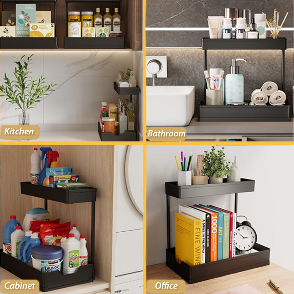 2-Tier Under Sink Organizers and Storage 2 Pack Sliding L-shape Under Bathroom Kitchen Cabinet Organizers Narrow Space Storage Multi-purpose for Bathroom Kitchen Drawer Black