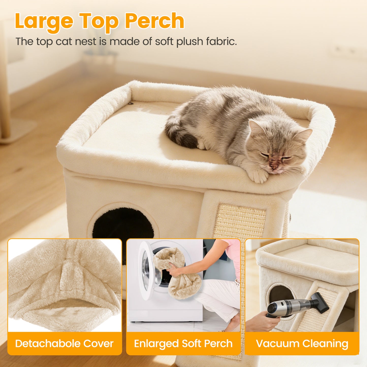 Cat Tree Tower with Perch Bed and Washable Top, Cat Tree with Sisal Scratching Posts, Condos, Plush Perches, Hanging Cat Toys, Extended Platform for Cats to Play and Sleep, Beige