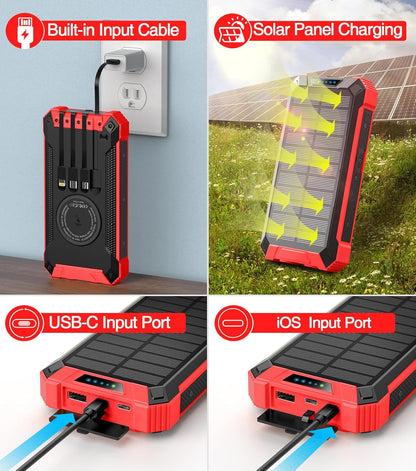 2PK Power Bank Wireless Charger 46800mAh Built in 4 Cables Six Outputs 15W Fast Charging Power Bank for All Mobile Devices Three Inputs Solar Portable Charger with Dual Flashlights, Carabiner(Red)