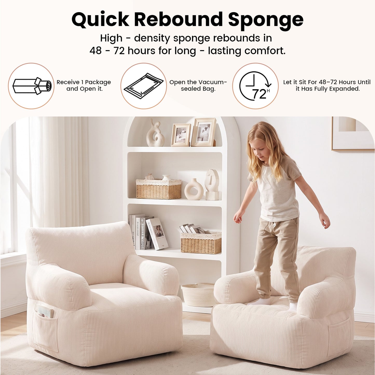 BAOKALER Kids Bean Bag Chair, Filled with Memory Foam, Toddler Kids Floor Lazy Sofa with Side Pocket, Lightweight Comfort Lounge Chair for Gaming, Reading, Relaxing, Beige