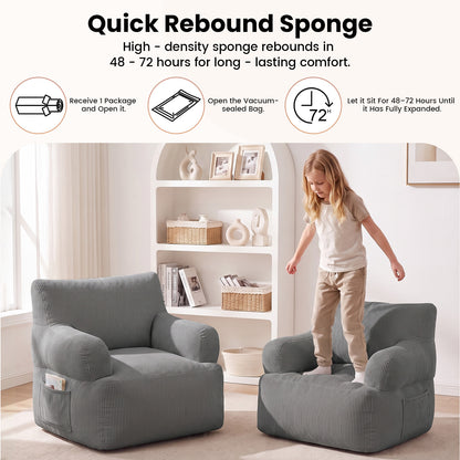 BAOKALER Kids Bean Bag Chair, Filled with Memory Foam, Toddler Kids Floor Lazy Sofa with Side Pocket, Lightweight Comfort Lounge Chair for Gaming, Reading, Relaxing, Gray