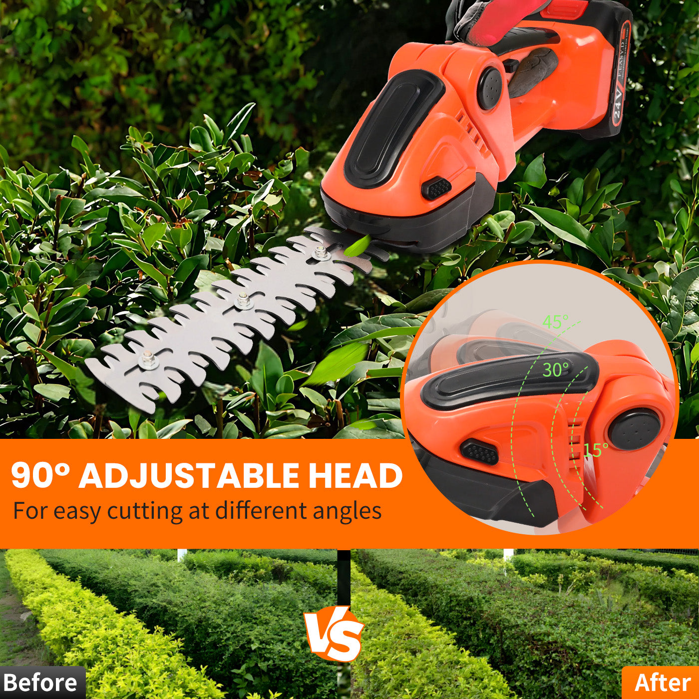 2-in-1 Cordless Hedge Trimmer, 24V Electric Hedge Trimmer with 2 Batteries and Charger for Garden and Lawn Maintenance, Orange