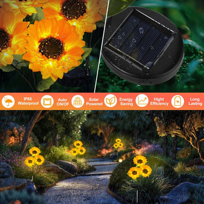 TopZoo 2PCS Solar Lights Outdoor, Three Head LED Sunflower Garden Lights, Waterproof, Auto On/Off Garden Decor Lights for Yard, Pathway, Patio, Porch