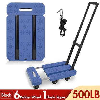 BAOKALER Folding Hand Truck, Heavy Duty Dolly Cart, Push Dolly Cart Foldable Platform with 6 Wheels, Blue