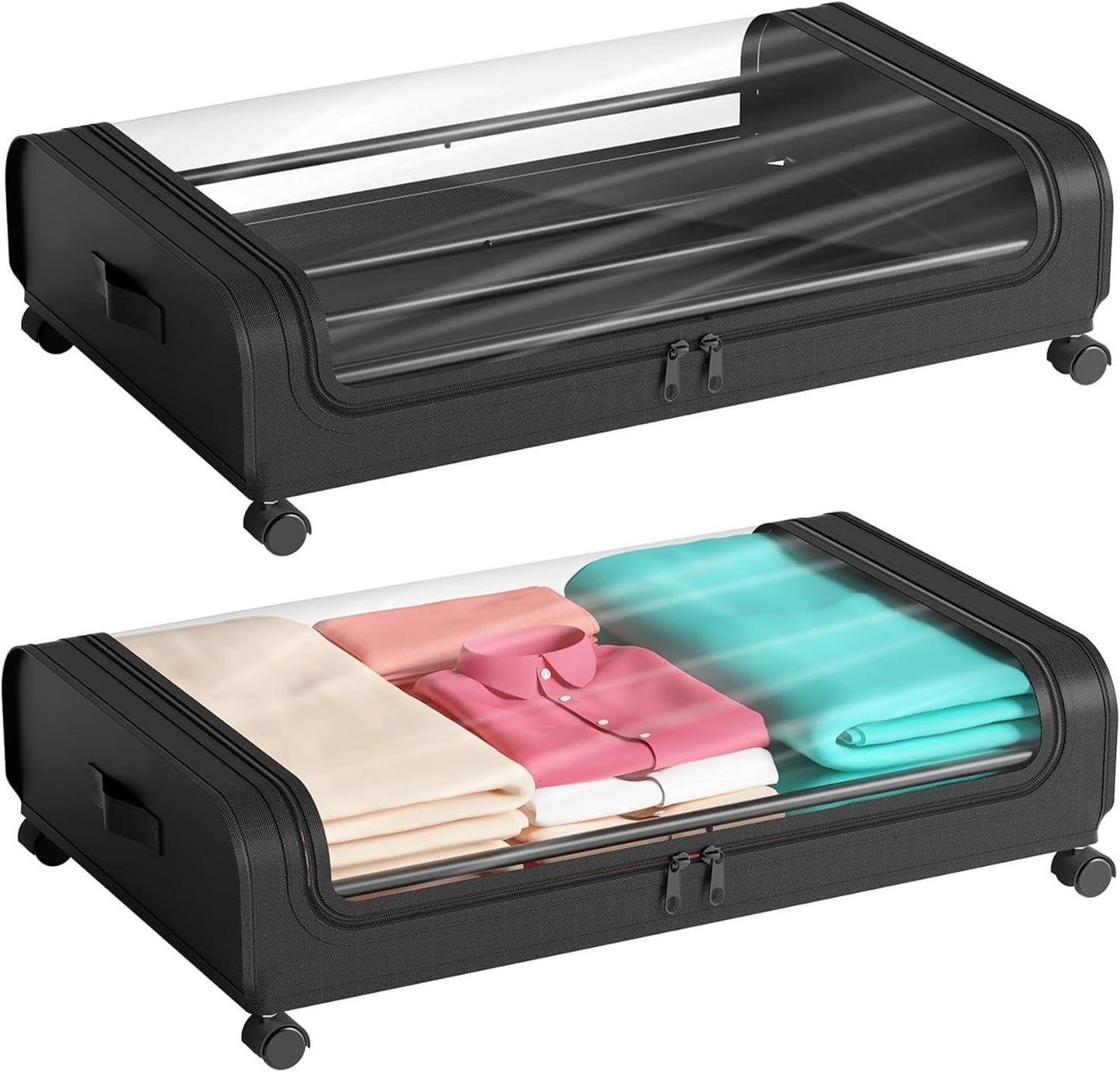 Under Bed Storage with Wheels, 2 Pack Under Bed Storage Containers, Under Bed Shoe Storage Organizer, Rolling Under Bed Metal Drawer for Clothes, Black