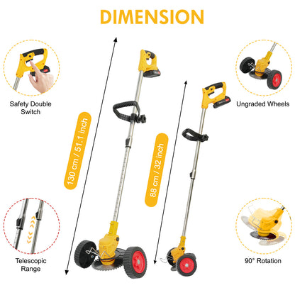 24V 3-in-1 Cordless Weed Wacker with Wheels, Cordless Grass Trimmer with 1*2000mAh Battery Powered Lawn Garden Tool