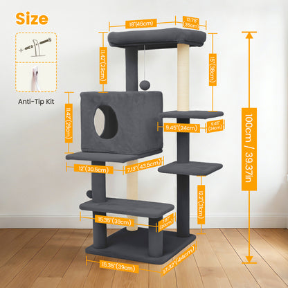 Sturdy 40-inch Cat Tree Tower with Cat Cave & Ramp Steps - Multi-Level Play & Sleep Center for Large Indoor Cats, Dark Gray