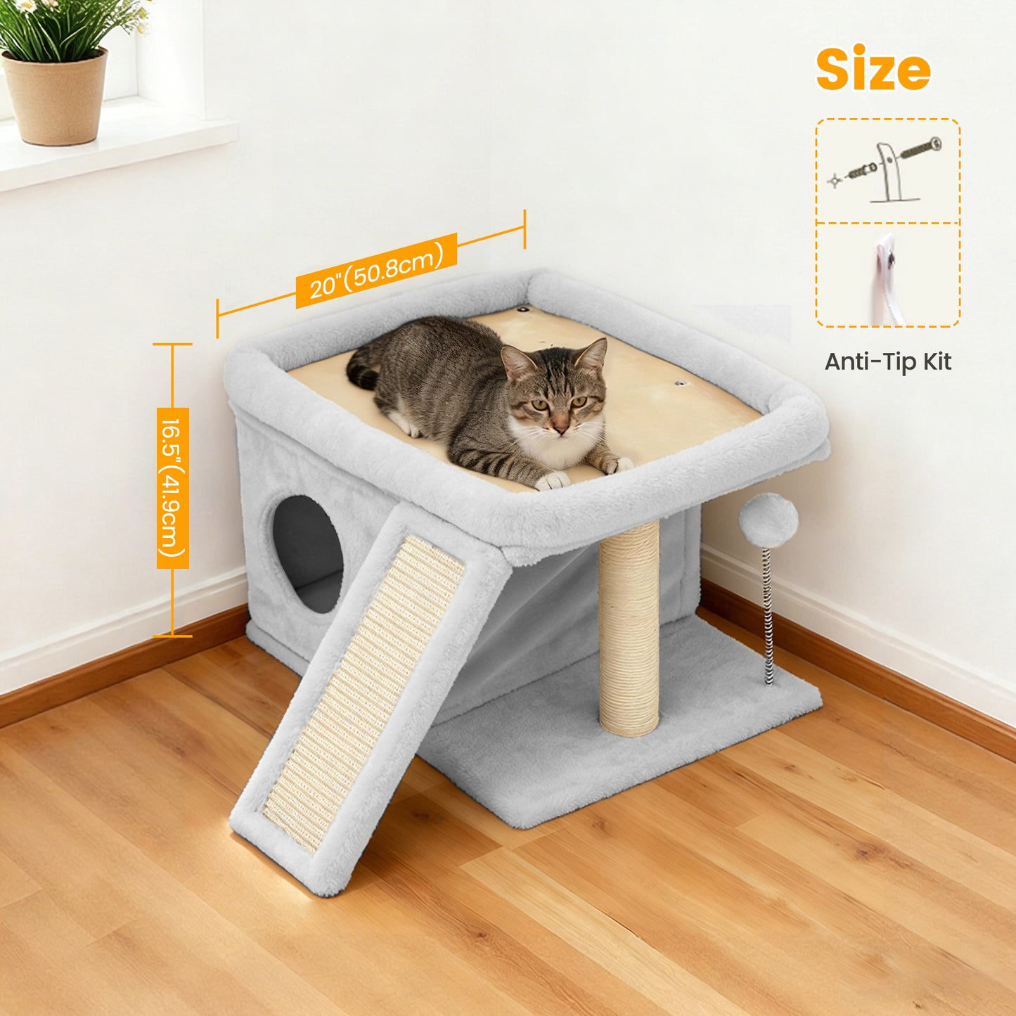Cat Tree Tower with Perch Bed and Washable Top, Cat Tree with Sisal Scratching Posts, Condos, Plush Perches, Hanging Cat Toys, Extended Platform for Cats to Play and Sleep, Gray