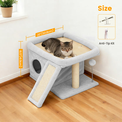 Cat Tree Tower with Perch Bed and Washable Top, Cat Tree with Sisal Scratching Posts, Condos, Plush Perches, Hanging Cat Toys, Extended Platform for Cats to Play and Sleep, Gray