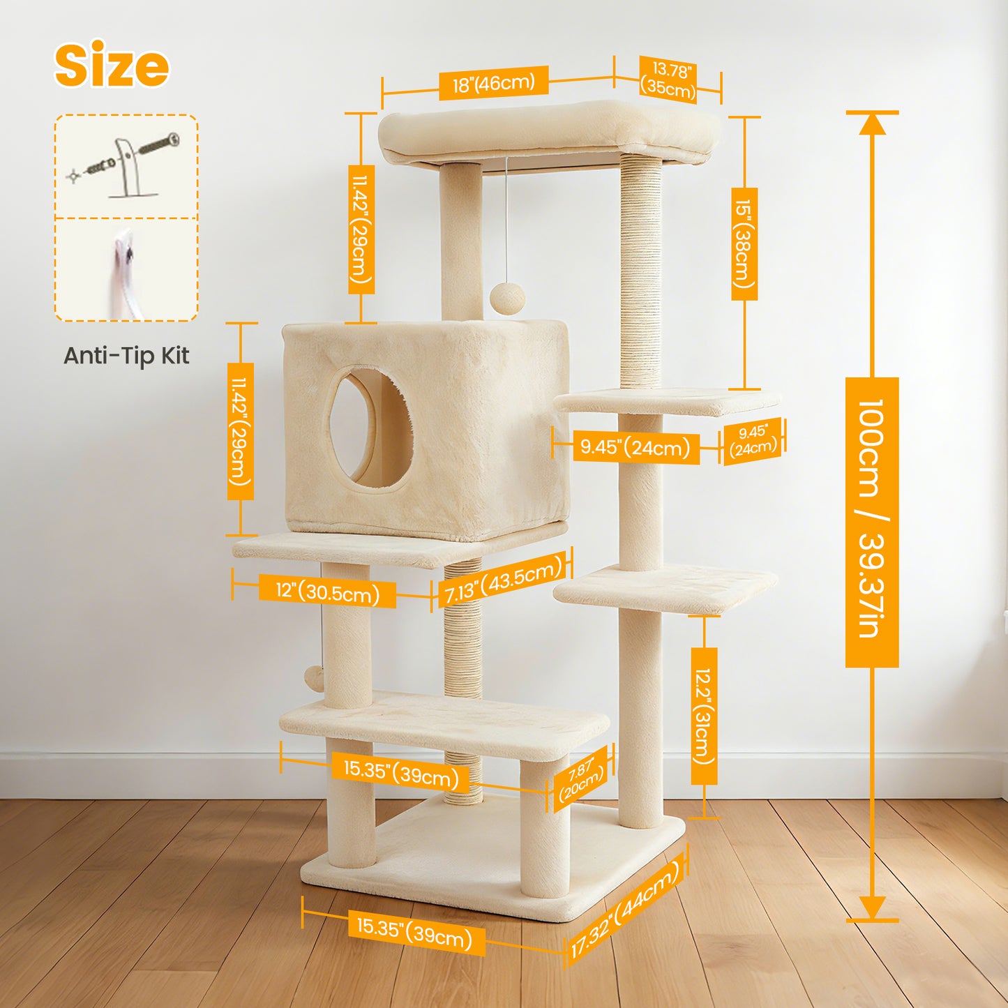 Sturdy 40-inch Cat Tree Tower with Cat Cave & Ramp Steps - Multi-Level Play & Sleep Center for Large Indoor Cats, Beige