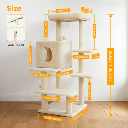 Sturdy 40-inch Cat Tree Tower with Cat Cave & Ramp Steps - Multi-Level Play & Sleep Center for Large Indoor Cats, Beige