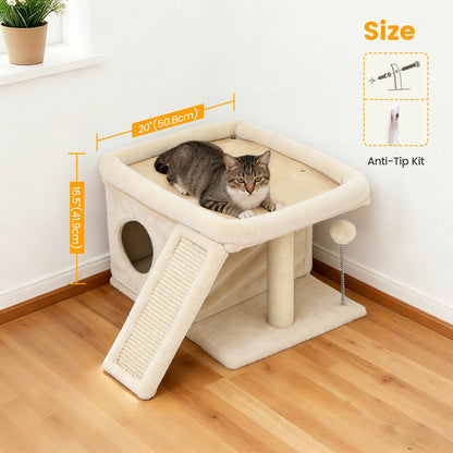 Cat Tree Tower with Perch Bed and Washable Top, Cat Tree with Sisal Scratching Posts, Condos, Plush Perches, Hanging Cat Toys, Extended Platform for Cats to Play and Sleep, Beige