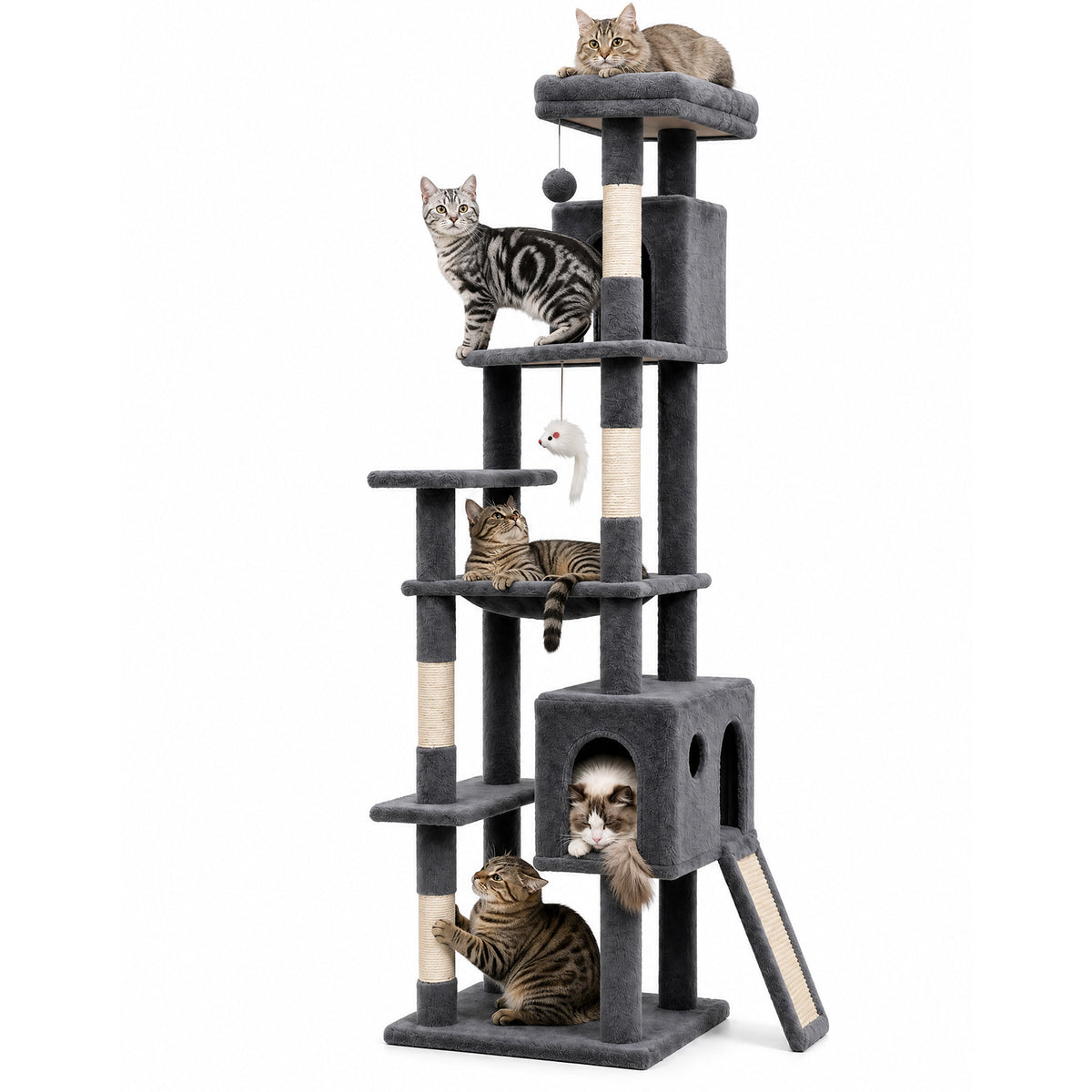 70" Cat Tree Tower, Heavy Duty Cat Tower for Multiple Adult Cats, Multi-Level Tall Cat Tree with 2 Condos, Hammock and Scratching Post for Indoor Kitties, Dark Grey