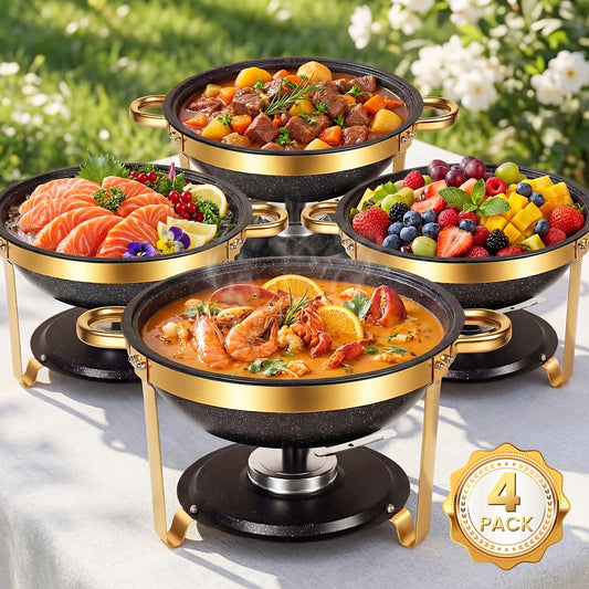 Black Chafing Dishes for Buffet with Glass Lid (5.3QT, 4Pack), Maifanite-Coated Round Chafing Dish Set Mirror-Polished Stainless Steel, Stackable, Lid Holder for Party, Wedding
