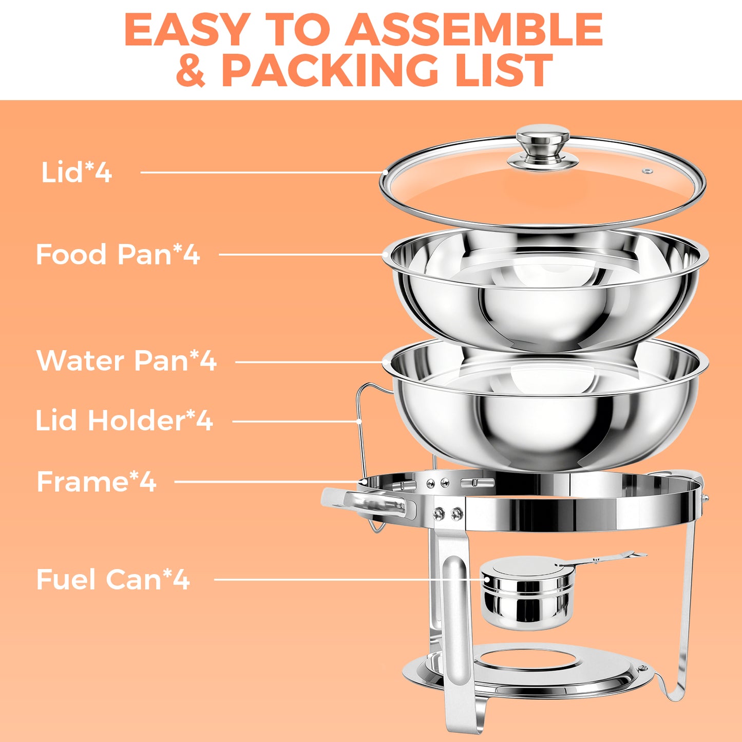 Chafing Dish Buffet Set, 5 Qt 4 Pack, Stainless Steel Chafer with 4 Full Size Pan, Round Catering Warmer Server with Glass Lid Water Pan Folding Stand Fuel Holder, for Wedding Party Banquet